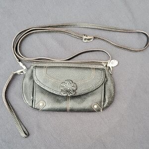 Brighton Black Leather Crossbody Bag with Floral Accent